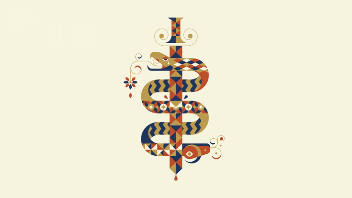 Stylized snake coiled around a sword with geometric patterns
