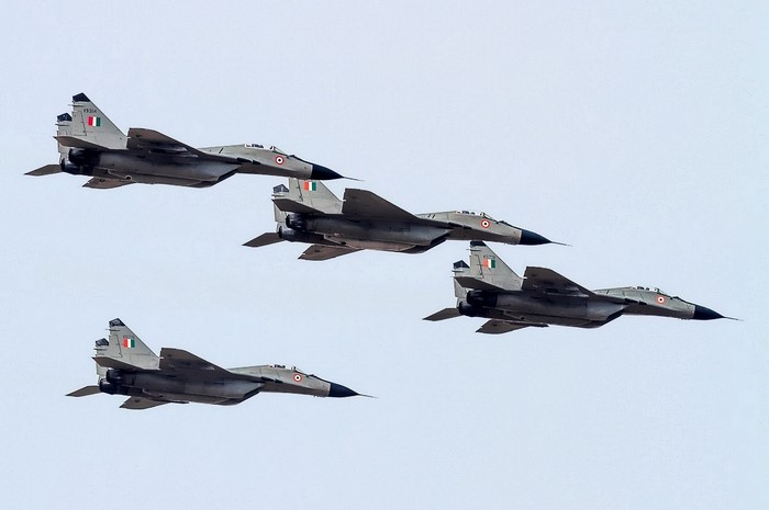 Four Indian Air Force Mikoyan MiG-29 fighter jets in formation