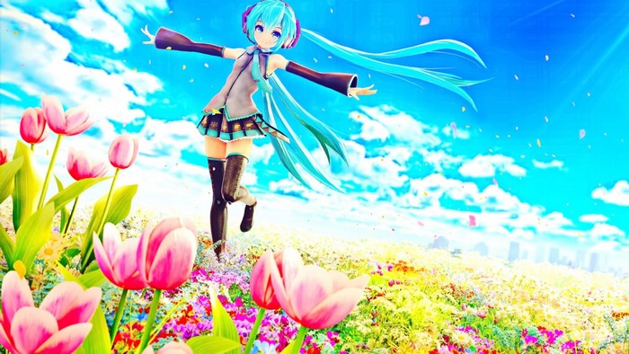 Hatsune Miku in a field of tulips under a blue sky