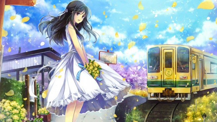 Anime girl in white dress with flowers by train