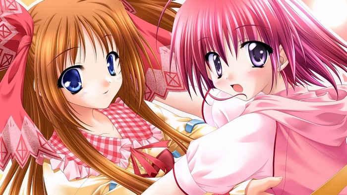 Two anime girls with brown and pink hair