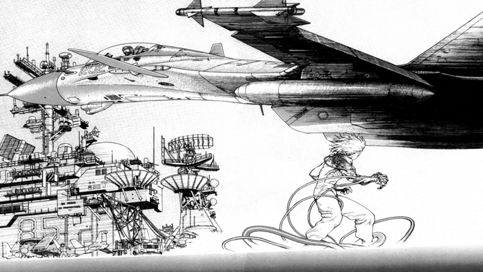 Akira manga panel with fighter jet and aircraft carrier
