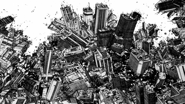 Destruction of a city in black and white manga style