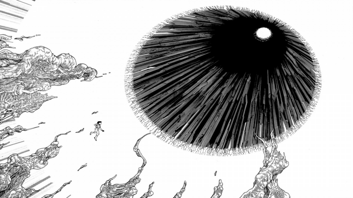 Man running towards a giant black eye-like structure