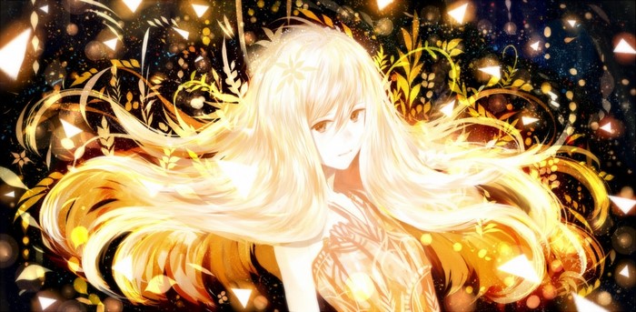 Girl with long blonde hair and golden floral elements