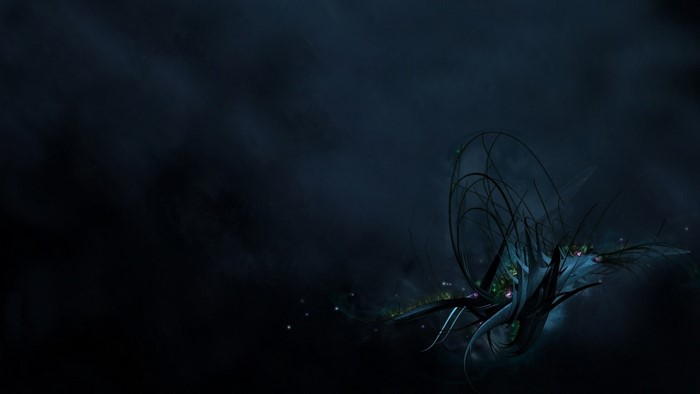 Abstract dark blue and black swirling shapes with glowing lights