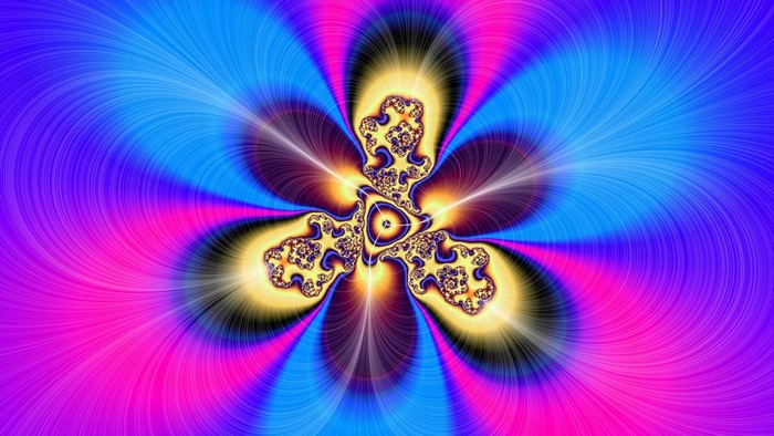 Abstract fractal art with blue, purple, and yellow colors