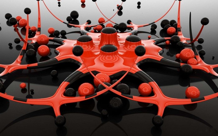 Abstract red and black spheres and structures