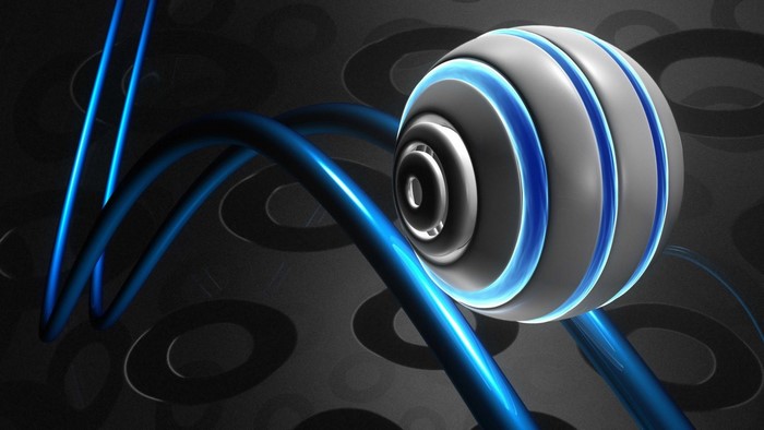 Abstract sphere with blue glowing lines and rings