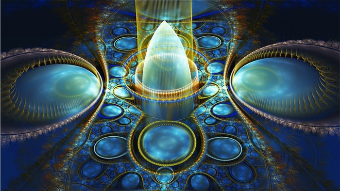 Abstract fractal art with blue and gold geometric patterns