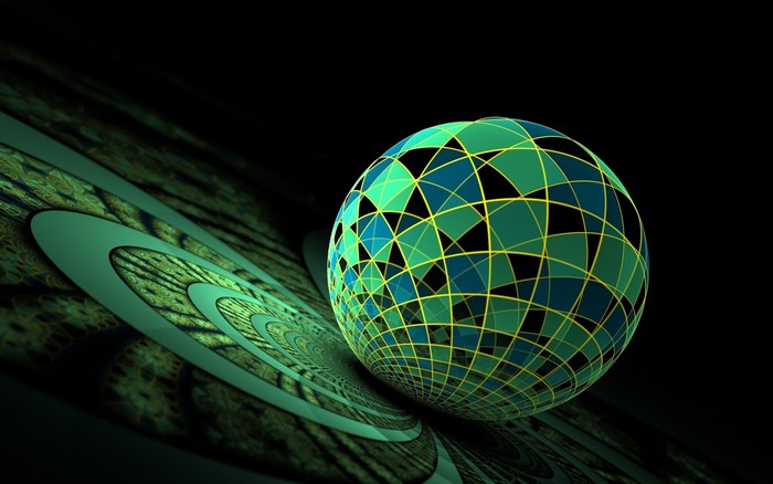 Abstract fractal sphere with green and blue patterns