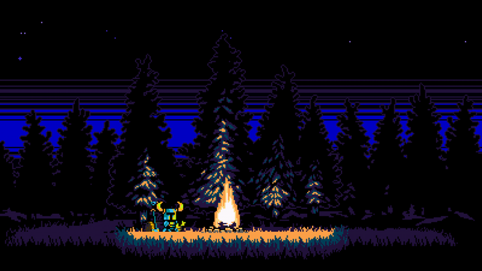 Shovel Knight camping by a campfire at night