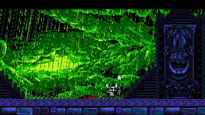Shovel Knight in a dark, rainy jungle with a stone structure