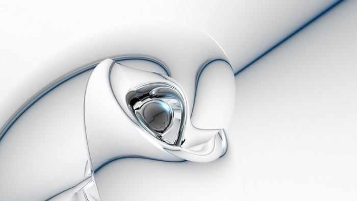 Abstract white and chrome sculpture with blue accents