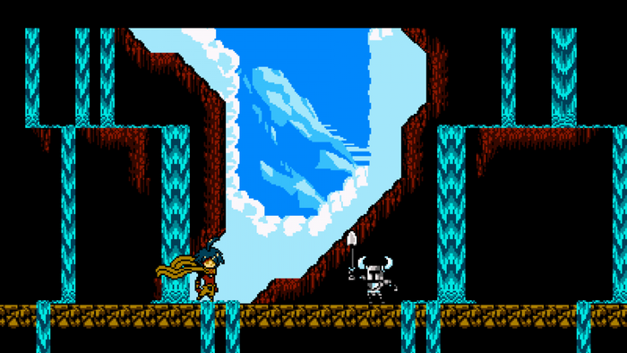 Shovel Knight and another character in a cave