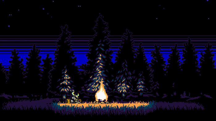 Shovel Knight camping by a campfire at night