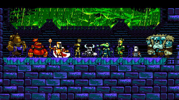 Shovel Knight characters on a stone platform