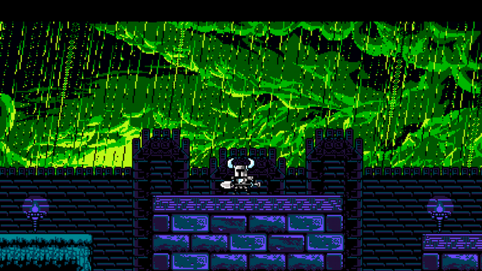 Shovel Knight in a dark, rainy environment