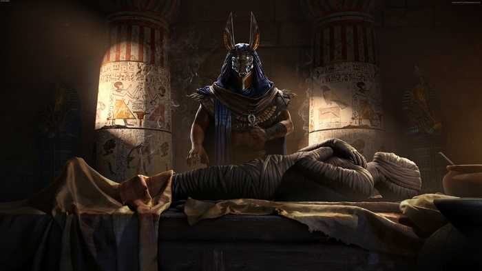 Anubis figure over a mummy in Assassin's Creed Origins