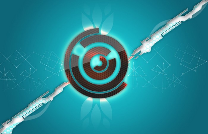 Abstract digital art with circular logo and geometric patterns
