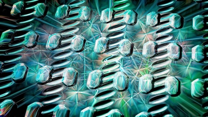 Abstract pattern of blue and green metallic shapes