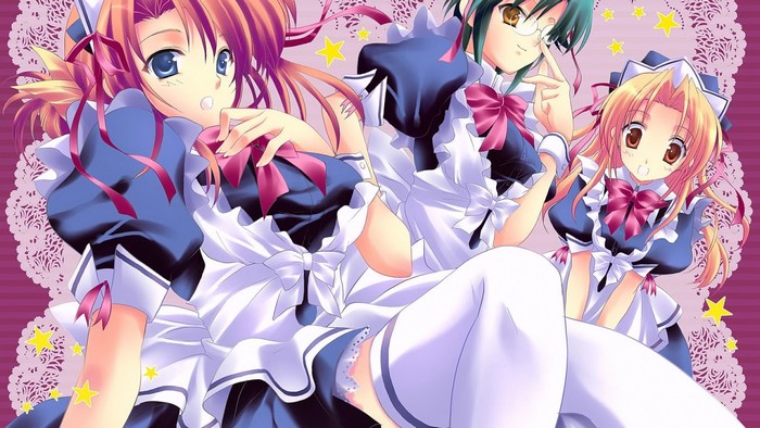 Three anime girls in maid outfits