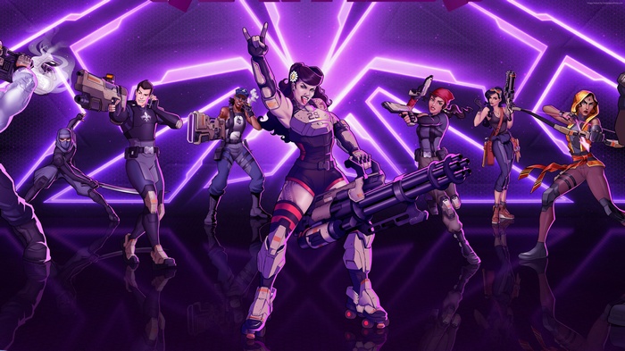 Agents of Mayhem characters with guns and a minigun