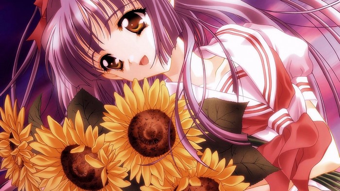 Anime girl with purple hair holding sunflowers