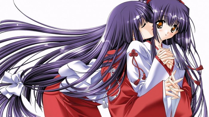 Two anime girls with purple hair in shrine maiden outfits