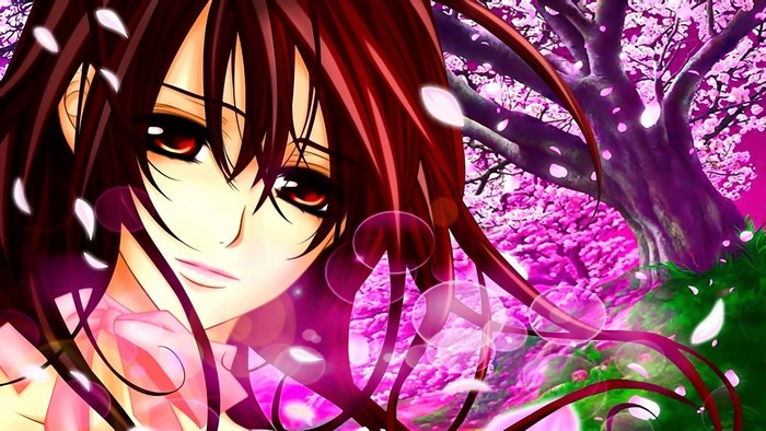 Anime girl with red eyes and dark hair near cherry blossoms