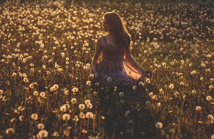 Woman in a dress in a field of dandelions at sunset