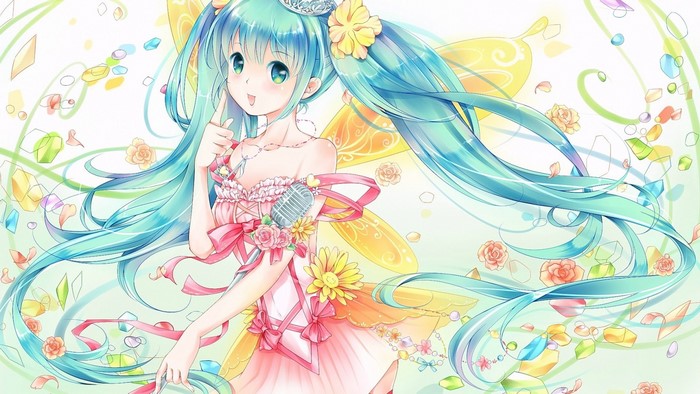 Hatsune Miku singing with flowers and crystals