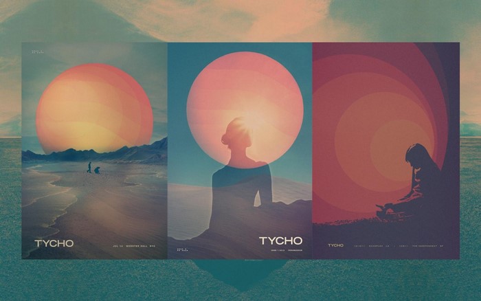 Three Tycho posters with abstract suns and silhouettes