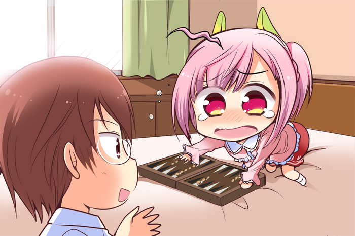 Chibi girl crying while playing backgammon with a boy