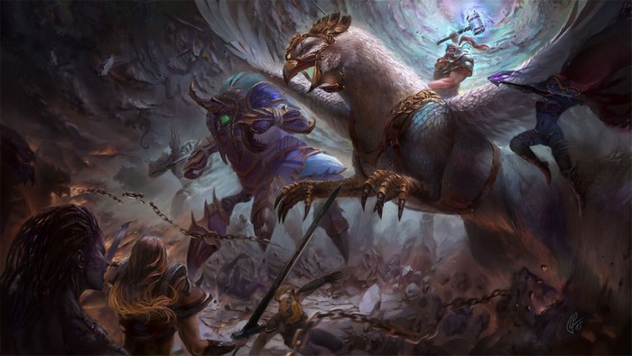 Battle between mythical creatures and warriors