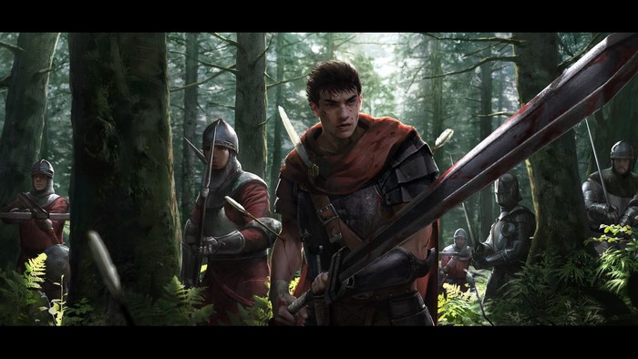 Guts from Berserk in a forest with soldiers