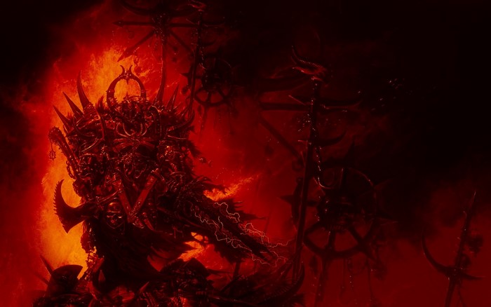 Chaos Lord from Warhammer 40,000 in flames