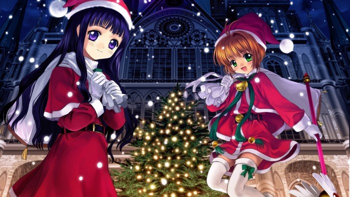 Anime girls in Christmas outfits with a Christmas tree