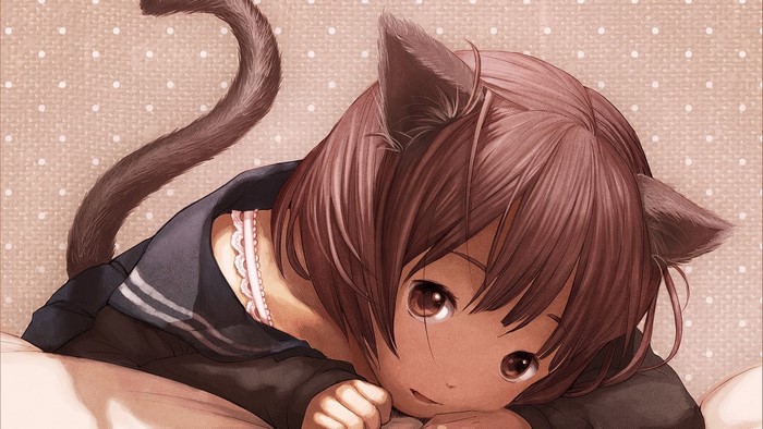 Cute Anime Girl with Cat Ears and Tail
