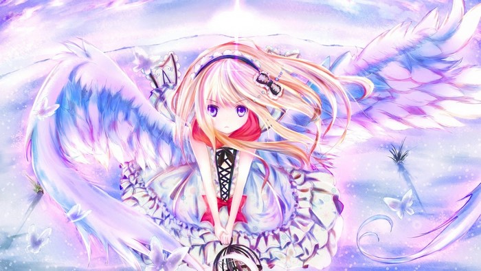 Anime girl with wings and butterflies