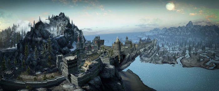 The Elder Scrolls V Skyrim castle on a cliff overlooking the sea