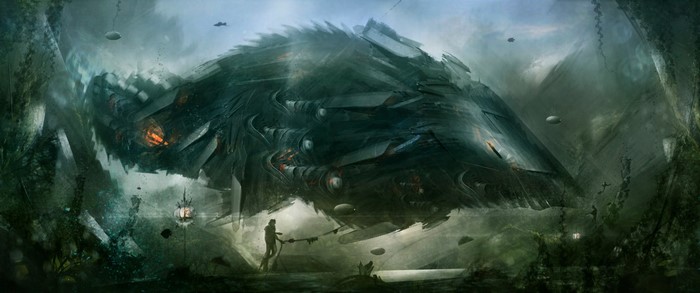 Giant alien ship in a murky underwater environment