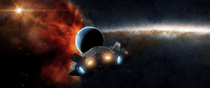 Elite Dangerous: Spaceship near a planet and nebula