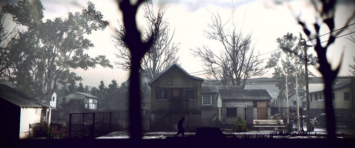 A silhouette walks past houses and trees