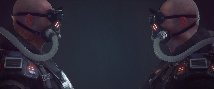 Two bald men in gas masks and goggles