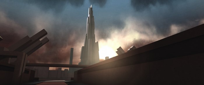 Futuristic cityscape with a tall skyscraper and debris