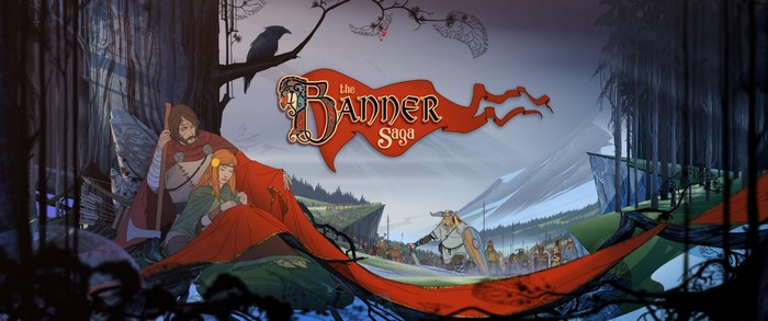 The Banner Saga title screen with characters and landscape