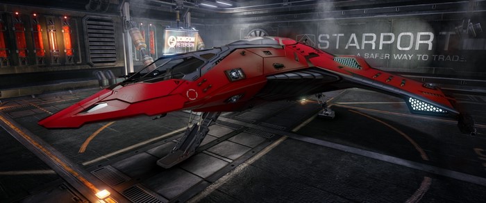 Red spaceship in a starport hangar