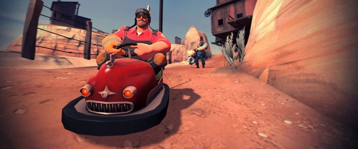 Engineer from Team Fortress 2 driving a bumper car
