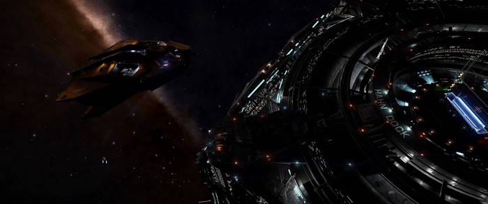 Elite Dangerous: Vulture spaceship near Hahn Dock space station
